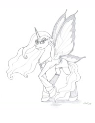 Size: 1116x1448 | Tagged: safe, artist:tehmangabrony, character:queen chrysalis, species:alicorn, species:pony, episode:suited for success, g4, my little pony: friendship is magic, angry, black and white, blazer, butterfly wings, clothing, dress, ethereal mane, fangs, female, frown, glare, grayscale, gritted teeth, high heels, looking at you, monochrome, raised hoof, shadow, skirt, solo, stockings, suit, traditional art