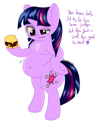 Size: 1600x1920 | Tagged: safe, artist:php33, character:twilight sparkle, belly button, chest fluff, chubby, chubby twilight, eating, fat, female, omnivore twilight, semi-anthro, solo, that pony sure does love burgers, twilard sparkle, twilight burgkle, weight gain