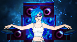 Size: 5489x3007 | Tagged: safe, artist:twitchygreyfox, character:dj pon-3, character:vinyl scratch, species:human, female, homestuck reference, humanized, solo, speakers, tattoo