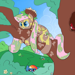 Size: 800x800 | Tagged: safe, artist:silfidum, character:fluttershy, character:rainbow dash, species:bird, camouflage, dirty, disguise, egg, fluttertree, nest, tree