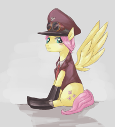 Size: 523x576 | Tagged: safe, artist:bikkisu, character:fluttershy, butterscotch, clothing, looking at you, rule 63, solo, steampunk, uniform