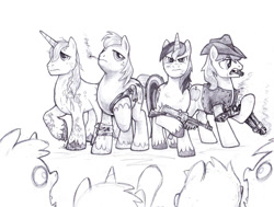 Size: 1024x774 | Tagged: safe, artist:wisdom-thumbs, character:big mcintosh, character:braeburn, character:prince blueblood, character:shining armor, species:earth pony, species:pony, species:unicorn, grayscale, gun, male, molotov cocktail, monochrome, pencil drawing, shotgun, simple background, stallion, tommy gun, traditional art, white background, zombie