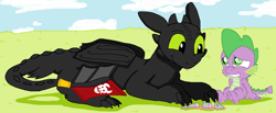 Size: 5808x2384 | Tagged: safe, artist:tagman007, character:spike, crossover, fish, how to train your dragon, prosthetics, toothless the dragon