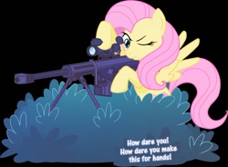 Size: 800x589 | Tagged: safe, artist:maishida, character:fluttershy, species:pegasus, species:pony, barrett m82, bipedal, black background, brush, female, flutterbadass, gun, hooves, mare, one eye closed, optical sight, rifle, simple background, sniper, sniper rifle, snipershy, solo, spread wings, weapon, wings