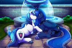 Size: 1280x853 | Tagged: safe, artist:spazzykoneko, character:princess luna, character:shining armor, species:alicorn, species:pony, species:unicorn, ship:shiningluna, bedroom eyes, boop, cuddling, eye contact, female, fountain, holding hooves, horns are touching, infidelity, infidelity armor, male, night, noseboop, nuzzling, on side, prone, shipping, smiling, snuggling, straight, unshorn fetlocks