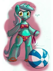 Size: 700x948 | Tagged: safe, artist:furboz, character:lyra heartstrings, species:pony, beach ball, belly button, bikini, bipedal, clothing, female, sandals, semi-anthro, solo, swimsuit