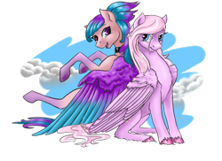 Size: 1024x744 | Tagged: safe, artist:dragonademetal, oc, oc only, oc:shiny dawn, oc:sugar bloom, species:pegasus, species:pony, cloud, cute, duo, fluffy, freckles, looking at you, looking back, open mouth, simple background, sitting, smiling, transparent background, underhoof, unshorn fetlocks, wing fluff