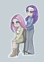 Size: 421x596 | Tagged: safe, artist:saurabhinator, character:fluttershy, character:rarity, blushing, clothing, humanized, skirt