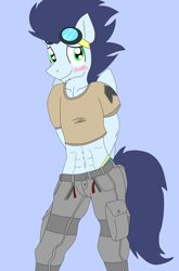 Size: 1024x1552 | Tagged: safe, artist:artistbrony, character:soarin', species:anthro, abs, belly button, blushing, male, midriff, solo