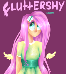 Size: 624x699 | Tagged: safe, artist:baid-woo, character:fluttershy, species:human, :<, female, floating wings, frown, humanized, looking up, solo, winged humanization