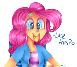 Size: 799x699 | Tagged: safe, artist:baid-woo, character:pinkie pie, equestria girls:rainbow rocks, g4, my little pony: equestria girls, my little pony:equestria girls, c:, carrot, cute, cutie mark eyes, dialogue, diapinkes, fangs, female, food, heart, lettuce, mouth hold, nom, pinkie being pinkie, scene interpretation, silly human, simple background, smiling, solo, white background, wingding eyes