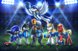 Size: 1826x1200 | Tagged: safe, artist:seanica, character:big mcintosh, character:prince blueblood, character:soarin', character:sonic the hedgehog, character:thunderlane, oc, oc:fox trot, species:earth pony, species:pony, species:wolf, american football, crossover, fanfic art, male, sonic the hedgehog (series), stallion, the simple life