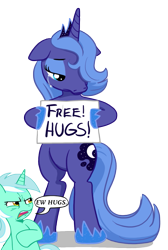Size: 743x1106 | Tagged: safe, artist:furboz, character:lyra heartstrings, character:princess luna, species:pony, bipedal, crying, ew gay, free hugs, hug, meme, s1 luna, sign, simple background, transparent background