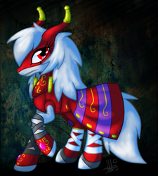 Size: 973x1079 | Tagged: safe, artist:thepipefox, species:pony, arukenimon, dark background, digimon, female, mare, ponified, simple background, solo