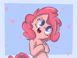 Size: 1600x1200 | Tagged: safe, artist:strabarybrick, character:pinkie pie, species:earth pony, species:pony, blue background, chest fluff, colored pupils, cute, diapinkes, ear fluff, female, fluffy, head tilt, heart, mare, open mouth, shoulder fluff, simple background, smiling, solo