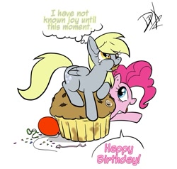 Size: 679x647 | Tagged: safe, artist:darkpandax, character:derpy hooves, character:pinkie pie, species:earth pony, species:pegasus, species:pony, balloon, birthday, crying, eating, female, food, giant muffin, mare, muffin, party, tears of joy, that pony sure does love muffins