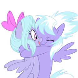 Size: 500x500 | Tagged: safe, artist:hajuya, character:cloudchaser, character:flitter, species:pegasus, species:pony, cute, cutechaser, eyes closed, flitterbetes, hug, open mouth, simple background, smiling, spread wings, wings