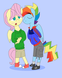 Size: 1024x1291 | Tagged: safe, artist:artistbrony, character:fluttershy, character:rainbow dash, species:anthro, species:pegasus, species:plantigrade anthro, ship:flutterdash, g4, adorascotch, blitzabetes, blushing, butterblitz, butterscotch, chibi, clothing, converse, cute, gay, male, rainbow blitz, rule 63, rule63betes, shipping, shoes, stallion