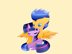 Size: 1024x768 | Tagged: safe, artist:le-poofe, character:flash sentry, character:twilight sparkle, character:twilight sparkle (alicorn), species:alicorn, species:pony, ship:flashlight, blushing, cuddling, cute, eyes closed, female, male, mare, shipping, smiling, snuggling, spread wings, straight, wings