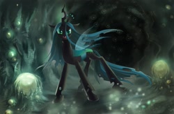 Size: 1700x1120 | Tagged: safe, artist:fantazyme, character:queen chrysalis, species:changeling, changeling queen, fangs, female, frown, old version, open mouth, solo, standing