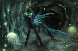 Size: 1700x1120 | Tagged: safe, artist:fantazyme, character:queen chrysalis, species:changeling, changeling queen, fangs, female, frown, glowing eyes, open mouth, solo, standing
