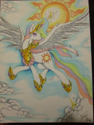 Size: 3177x4233 | Tagged: safe, artist:aerostoner, character:princess celestia, armor, female, flying, glowing horn, magic, solo, spread wings, sun, traditional art, wings