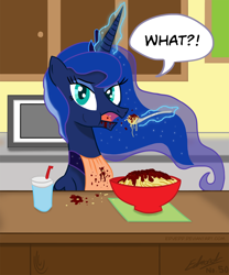 Size: 1500x1800 | Tagged: safe, artist:edvedd, character:princess luna, species:alicorn, species:pony, bowl, eating, female, food, fork, kitchen, magic, mare, messy eating, microwave, noodles, pasta, sauce, solo, spaghetti