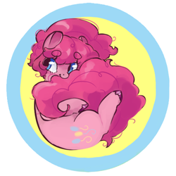 Size: 400x400 | Tagged: dead source, safe, artist:techtechno, character:pinkie pie, abstract background, beanbrows, cute, diapinkes, eyebrows, female, fetal position, hooves, solo, tail, tail hug, thick eyebrows, unshorn fetlocks