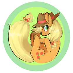 Size: 500x500 | Tagged: safe, artist:techtechno, character:applejack, species:earth pony, species:pony, :t, blushing, clothing, cute, ear fluff, female, fetal position, hat, hooves, jackabetes, looking at you, mare, on back, simple background, smiling, solo, tail, unshorn fetlocks, white background