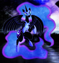 Size: 1024x1095 | Tagged: safe, artist:thepipefox, character:nightmare moon, character:princess luna, female, night, solo, spread wings, water, wings