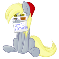 Size: 800x800 | Tagged: safe, artist:lunarii, character:derpy hooves, species:pegasus, species:pony, 3d glasses, clothing, doctor who, female, fez, hat, mare, mouth hold, sign, sitting, solo