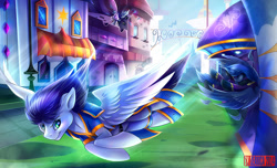 Size: 1387x842 | Tagged: safe, artist:seanica, character:soarin', canterlot, flying, shadowbolts