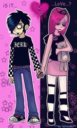 Size: 600x1000 | Tagged: safe, artist:technaro, character:pinkamena diane pie, character:pinkie pie, species:human, clothing, comic sans, converse, crossover shipping, dan, dan pie, dan vs, emo, eyeshadow, female, goth, gothic pinkie, heart, holding hands, humanized, jeans, male, shipping, shoes, skirt, stockings, straight, teddy bear, text, tiara