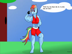 Size: 1600x1200 | Tagged: safe, artist:furrymusclegrowthfan, character:rainbow dash, species:anthro, abs, challenge, clothing, gloves, muscles, rainbuff dash, sparring, sports bra, sports shorts, teasing