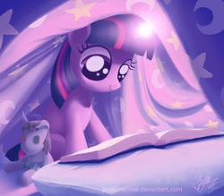 Size: 1280x1120 | Tagged: safe, artist:creamy_roux, character:smarty pants, character:twilight sparkle, species:pony, species:unicorn, blanket, book, cute, female, filly, filly twilight sparkle, glowing horn, pillow, plushie, reading, signature, sitting, solo, twiabetes, younger
