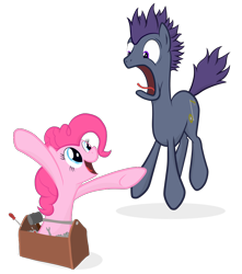 Size: 1000x1131 | Tagged: safe, artist:manateemckenzie, character:pinkie pie, oc, species:earth pony, species:pony, female, jumping, male, mare, scared, simple background, smiling, stallion, surprised, toolbox