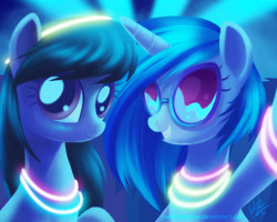 Size: 1024x819 | Tagged: safe, artist:creamy_roux, character:dj pon-3, character:octavia melody, character:vinyl scratch, species:earth pony, species:pony, species:unicorn, club, female, glowstick, grin, lights, looking at you, mare, raised hoof, selfie, signature, smiling, sunglasses