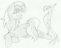 Size: 1024x821 | Tagged: safe, artist:candy-muffin, oc, oc only, oc:pyrelight, oc:velvet remedy, species:balefire phoenix, species:phoenix, species:pony, species:unicorn, black and white, fanfic, fanfic art, female, grayscale, hooves, horn, lying down, mare, monochrome, pencil drawing, prone, simple background, traditional art, white background