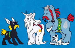 Size: 800x516 | Tagged: safe, artist:justasuta, species:earth pony, species:pony, species:unicorn, asterix, asterix and obelix, beard, dogmatix, facial hair, getafix, idéfix, male, moustache, obelix, ponified, stallion