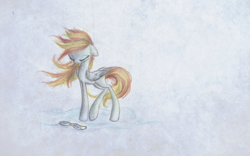 Size: 1920x1200 | Tagged: dead source, safe, artist:linkling, character:lightning dust, species:pegasus, species:pony, eyes closed, female, folded wings, goggles, mare, simple background, solo, traditional art, white background, wings