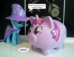 Size: 1200x935 | Tagged: safe, artist:redflare500, official, character:trixie, character:twilight sparkle, character:twilight sparkle (alicorn), species:alicorn, female, funko, irl, merchandise, onomatopoeia, photo, pig, piggy bank, pigified, species swap, toy, twilight porkle