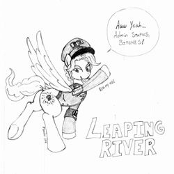 Size: 1116x1116 | Tagged: safe, artist:tehmangabrony, oc, oc only, oc:leapingriver, bedroom eyes, clothing, cutie mark, dock, grammar nazi, grayscale, hat, looking at you, monochrome, plot, pose, solo, tongue out, traditional art, uniform