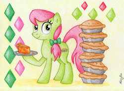 Size: 1619x1194 | Tagged: safe, artist:nancyksu, character:peachy sweet, species:earth pony, species:pony, apple family member, bow, female, hair bow, hoof hold, looking at you, mare, pie, plate, smiling, solo, traditional art