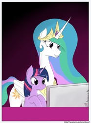 Size: 2226x3000 | Tagged: safe, artist:acceleron, character:princess celestia, character:twilight sparkle, computer, high res