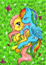 Size: 1024x1448 | Tagged: dead source, safe, artist:nana-yuka, character:fluttershy, character:rainbow dash, species:pegasus, species:pony, ship:flutterdash, blushing, butterfly, deviantart watermark, female, folded wings, grass, hug, hug from behind, lesbian, mare, obtrusive watermark, on side, outdoors, shipping, traditional art, watermark, wings