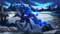 Size: 3200x1802 | Tagged: safe, artist:r0b0tassassin, character:princess luna, species:alicorn, species:crab, species:pony, absurd resolution, bipedal, bipedal leaning, blue eyes, cloud, crown, ethereal mane, female, hoof shoes, jewelry, leaning, light, lighthouse, moon, mountain, mountain range, night, plant, regalia, rock, signature, solo, water, wings