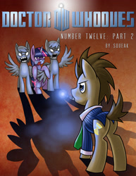 Size: 2781x3600 | Tagged: safe, artist:cybertoaster, character:doctor whooves, character:time turner, character:twilight sparkle, clockwork, clothing, cover, crying, doctor who, doctor whooves adventures, necktie, ponified, sonic screwdriver, suit, the doctor, weeping angel, weeping pegasus