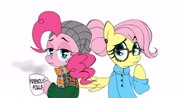 Size: 8422x4699 | Tagged: safe, artist:akikodestroyer, character:fluttershy, character:pinkie pie, species:pony, ship:flutterpie, absurd resolution, bipedal, clothing, coffee, cup, female, glasses, hat, hipster, hipstershy, hoof hold, lesbian, looking at you, scarf, shipping, sweater, unamused