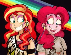 Size: 700x550 | Tagged: safe, artist:technaro, character:pinkie pie, character:sunset shimmer, species:human, earbuds, humanized, makeup, michael jackson, rainbow, sharing headphones, smiling