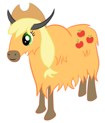 Size: 779x911 | Tagged: safe, artist:manateemckenzie, character:applejack, species:yak, appleyak, cute, female, fluffy, hilarious in hindsight, pun, simple background, smiling, solo, species swap, visual gag, white background, yakified